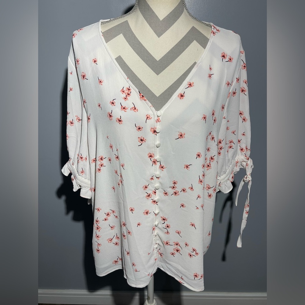 CeCe White and Red Floral Blouse